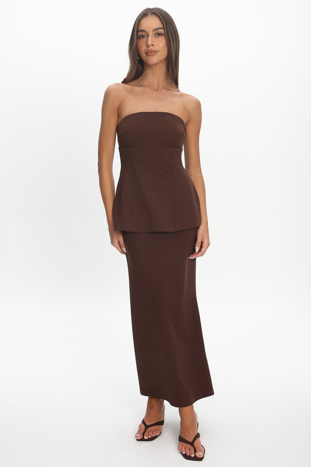 Vicci Strapless Flared Waist Maxi Dress Chocolate by Selfie Leslie Australia