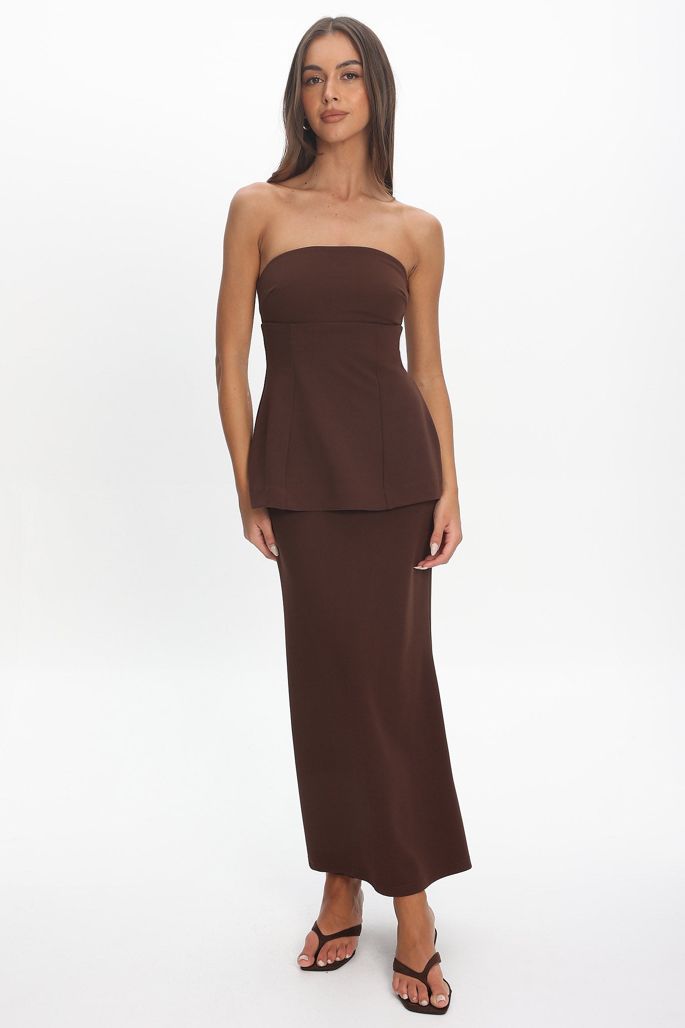 Vicci Strapless Flared Waist Maxi Dress Chocolate by Selfie Leslie Australia