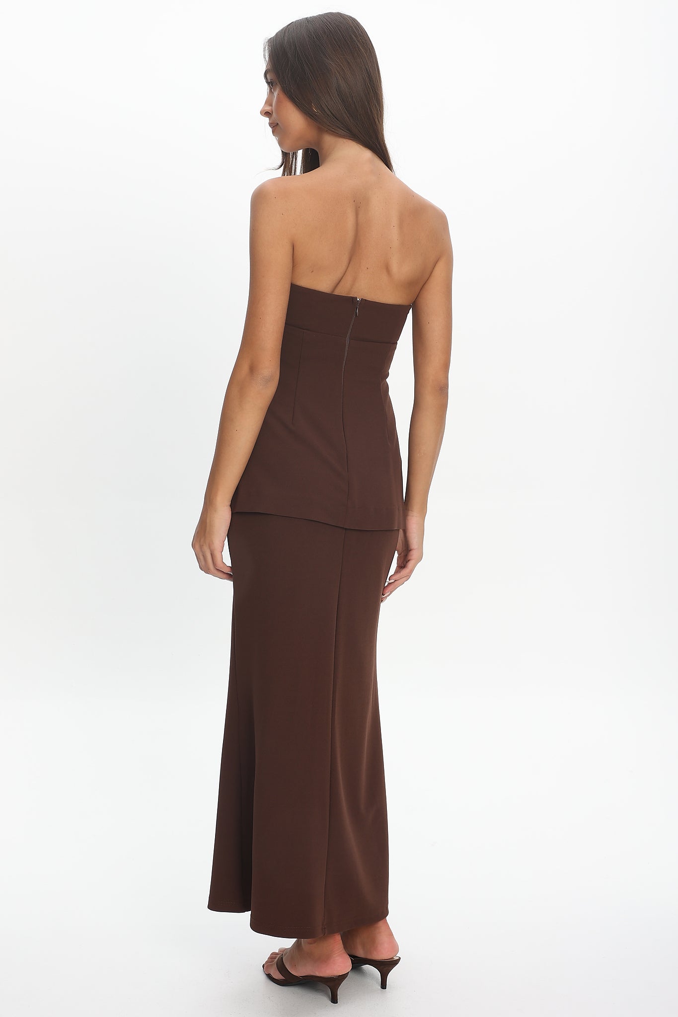 Vicci Strapless Flared Waist Maxi Dress Chocolate by Selfie Leslie Australia