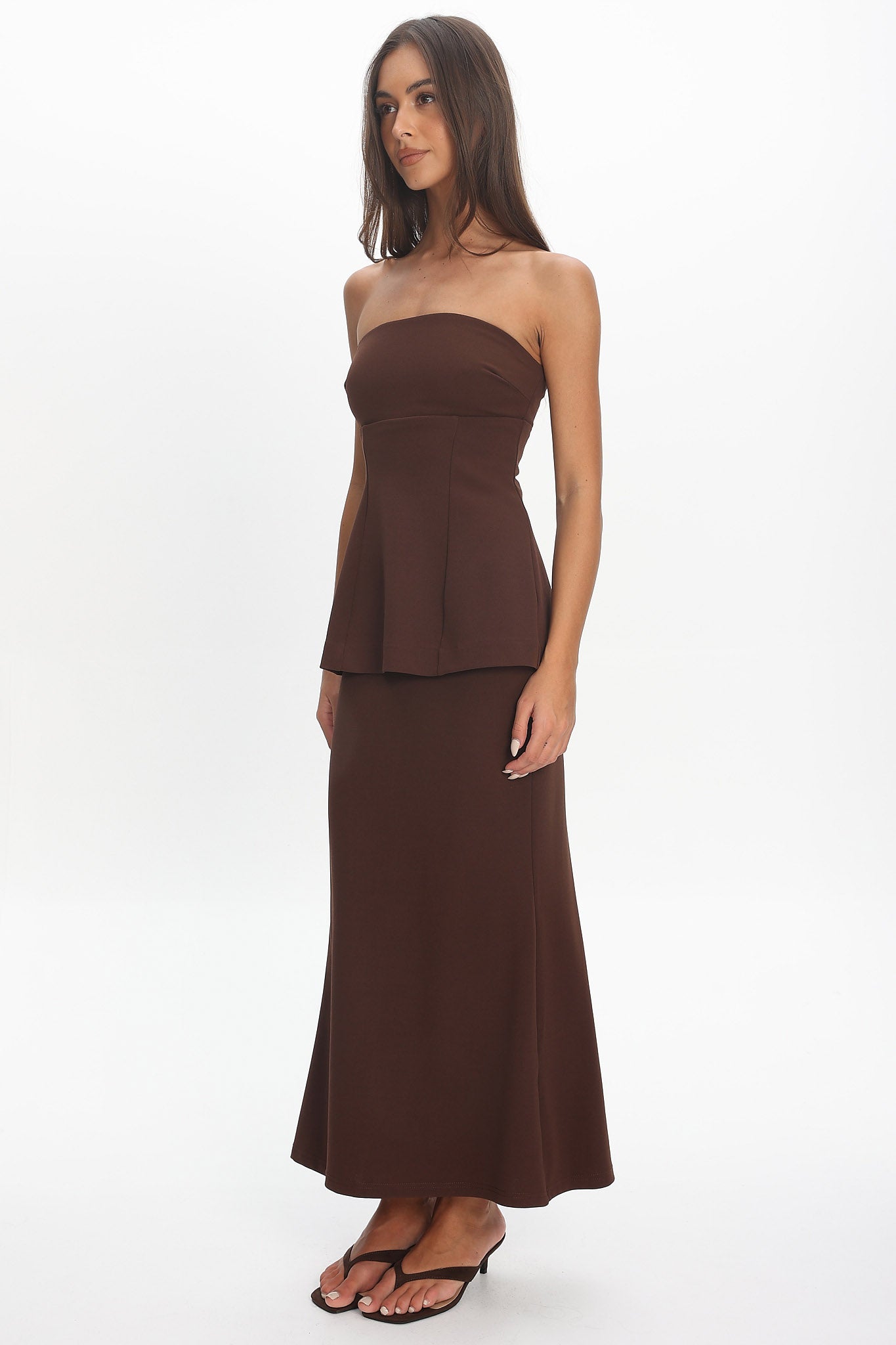 Vicci Strapless Flared Waist Maxi Dress Chocolate by Selfie Leslie Australia