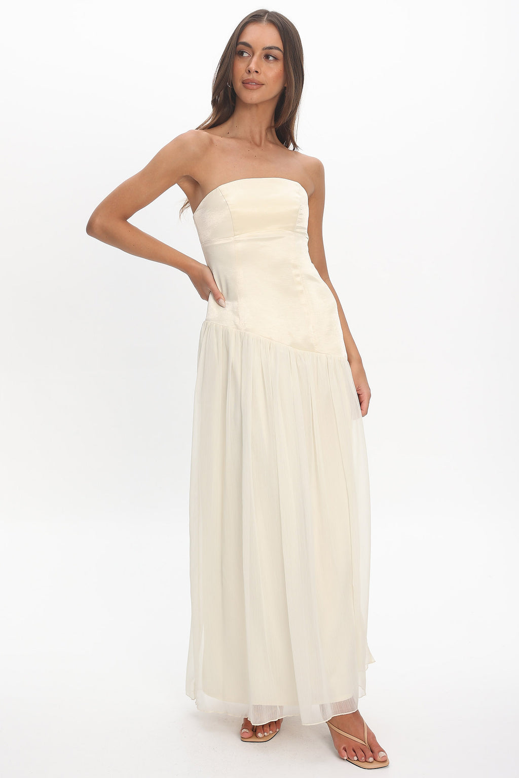 Karielle Asymmetric Drop Waist Maxi Dress Butter by Selfie Leslie Australia