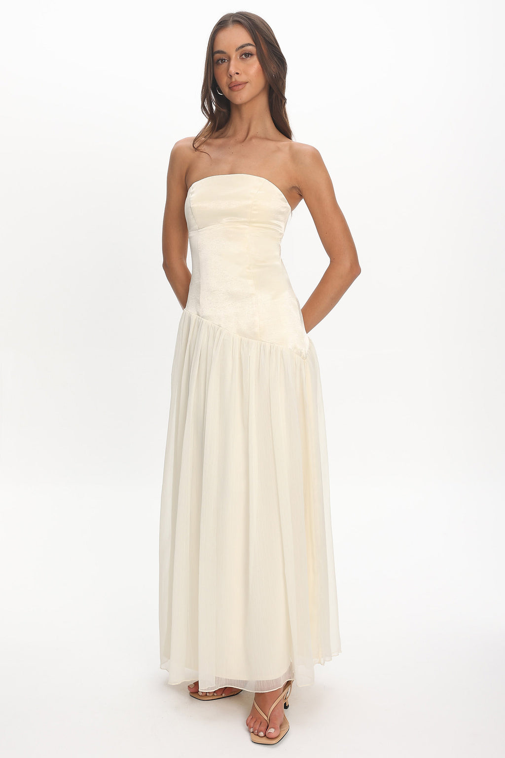 Karielle Asymmetric Drop Waist Maxi Dress Butter by Selfie Leslie Australia