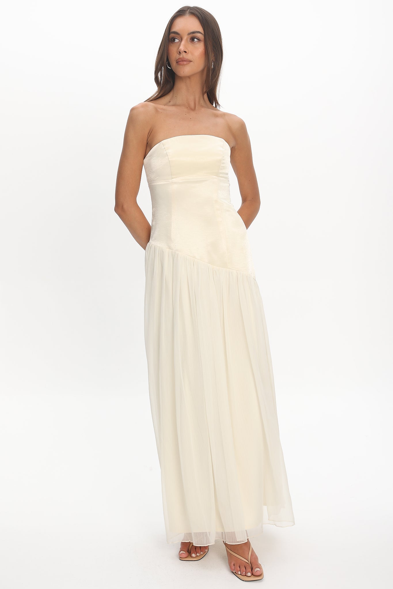 Karielle Asymmetric Drop Waist Maxi Dress Butter by Selfie Leslie Australia