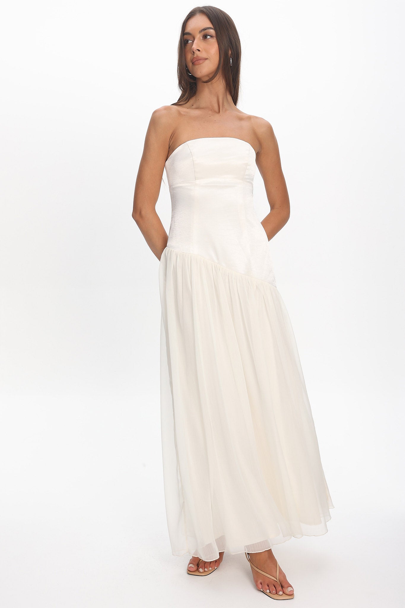 Karielle Asymmetric Drop Waist Maxi Dress Ivory by Selfie Leslie Australia