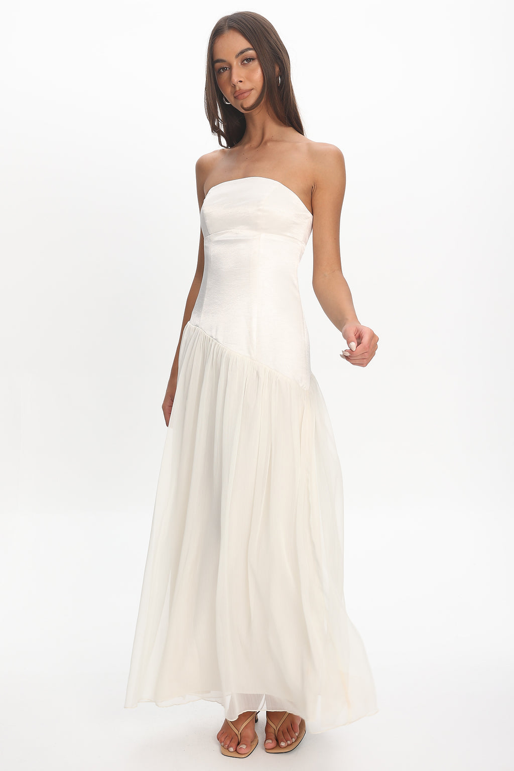 Karielle Asymmetric Drop Waist Maxi Dress Ivory by Selfie Leslie Australia