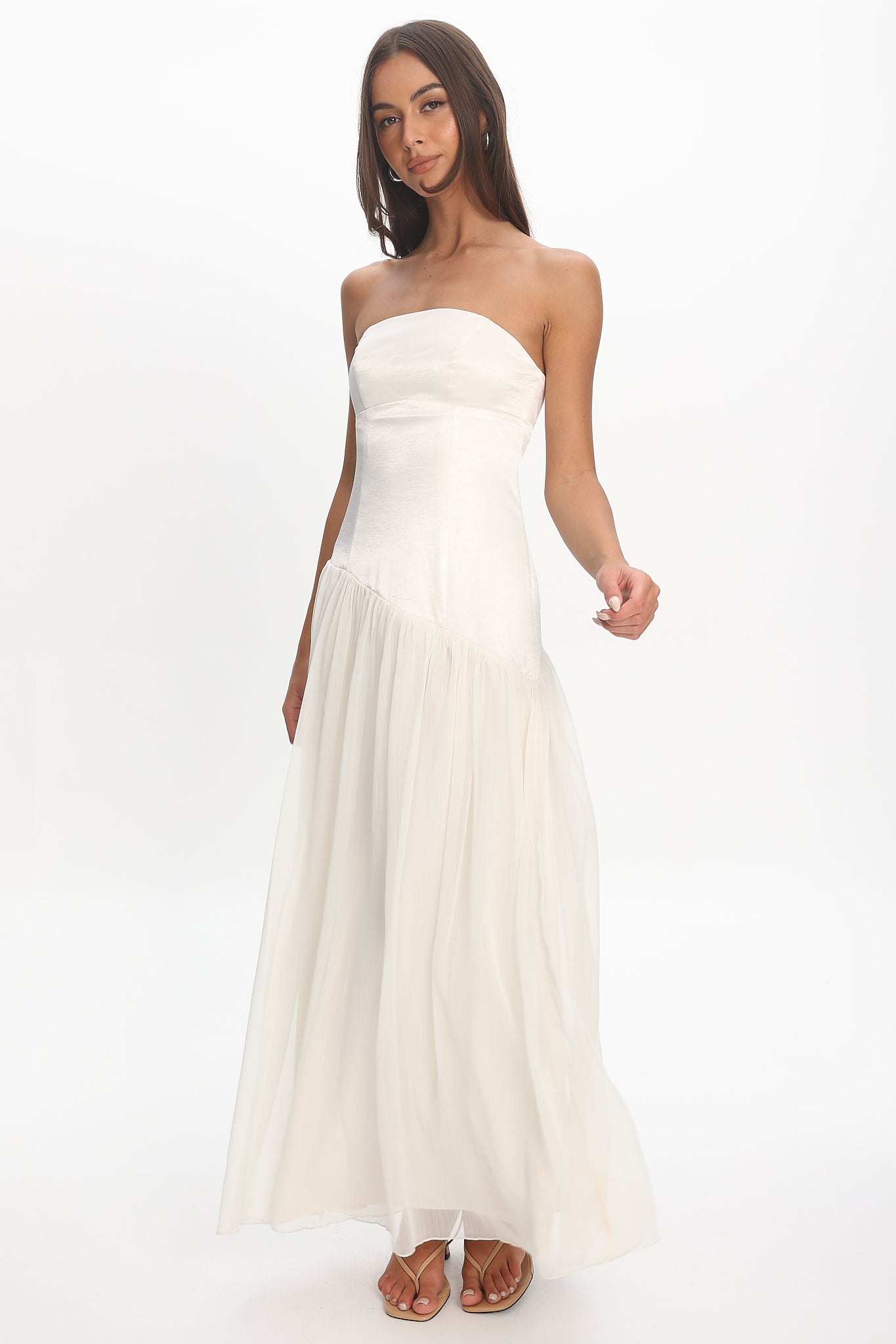 Karielle Asymmetric Drop Waist Maxi Dress Ivory by Selfie Leslie Australia