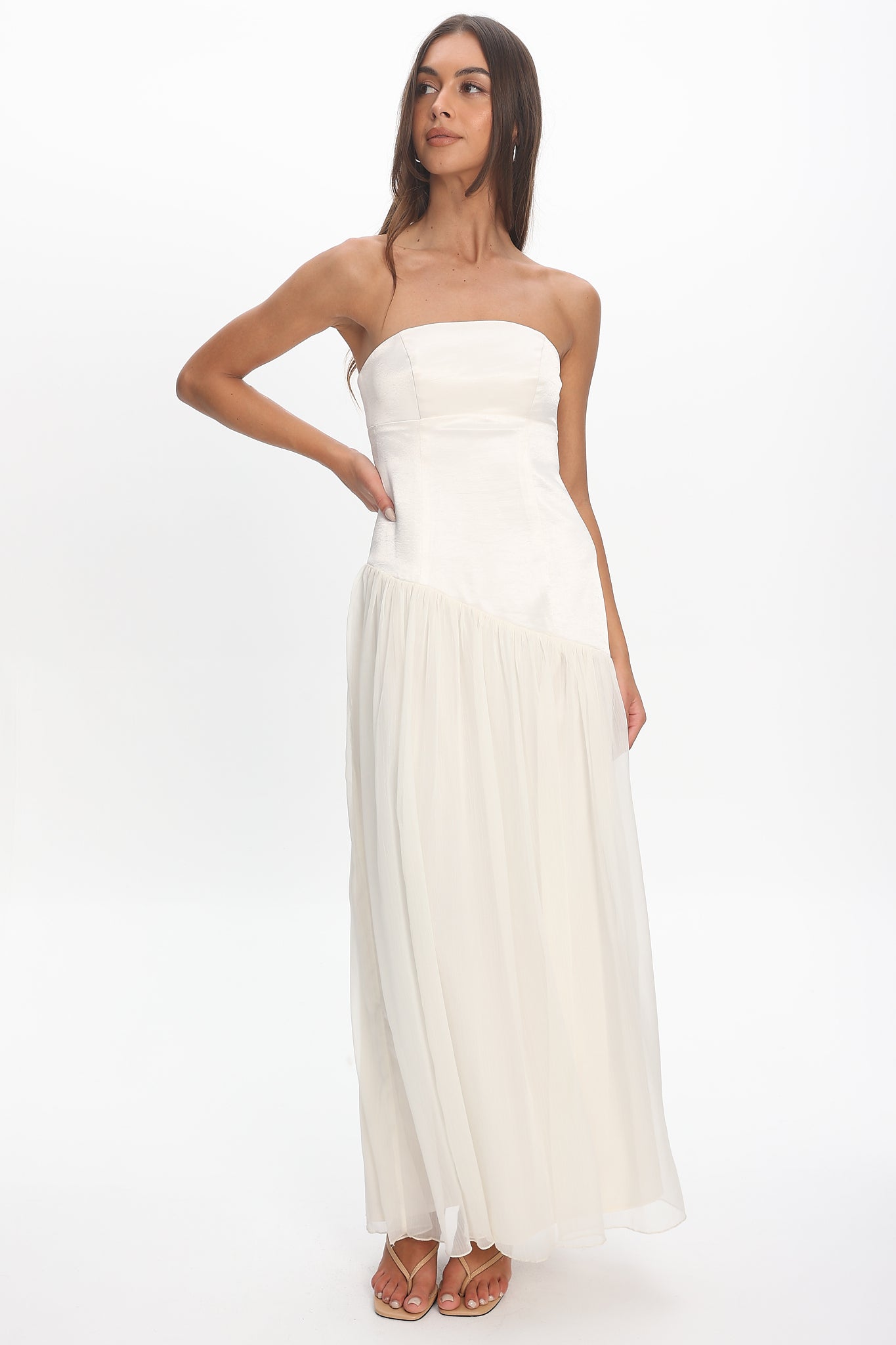 Karielle Asymmetric Drop Waist Maxi Dress Ivory by Selfie Leslie Australia