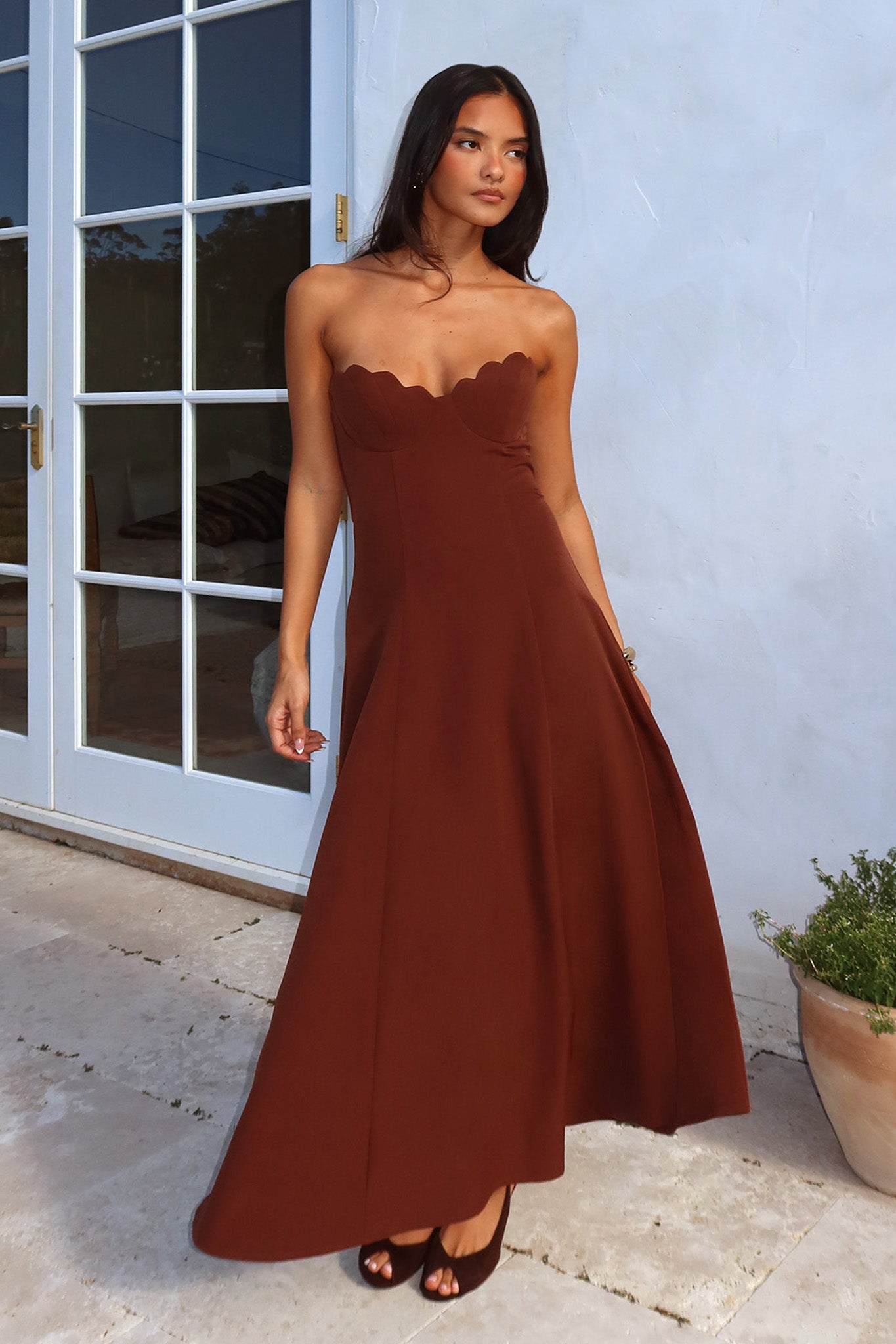 Infiniti Scalloped Sweethear Neckline Midi Dress Chocolate by Selfie Leslie Australia