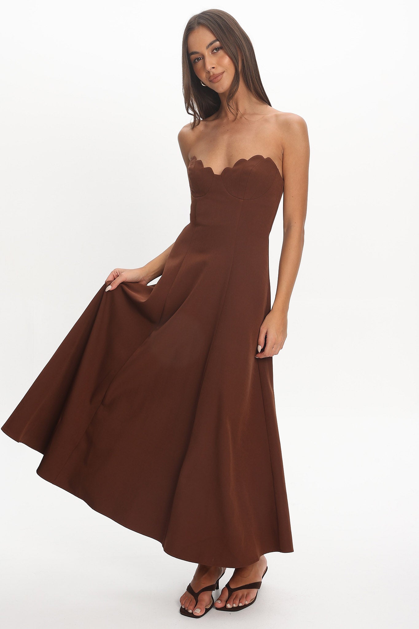 Infiniti Scalloped Sweethear Neckline Midi Dress Chocolate by Selfie Leslie Australia