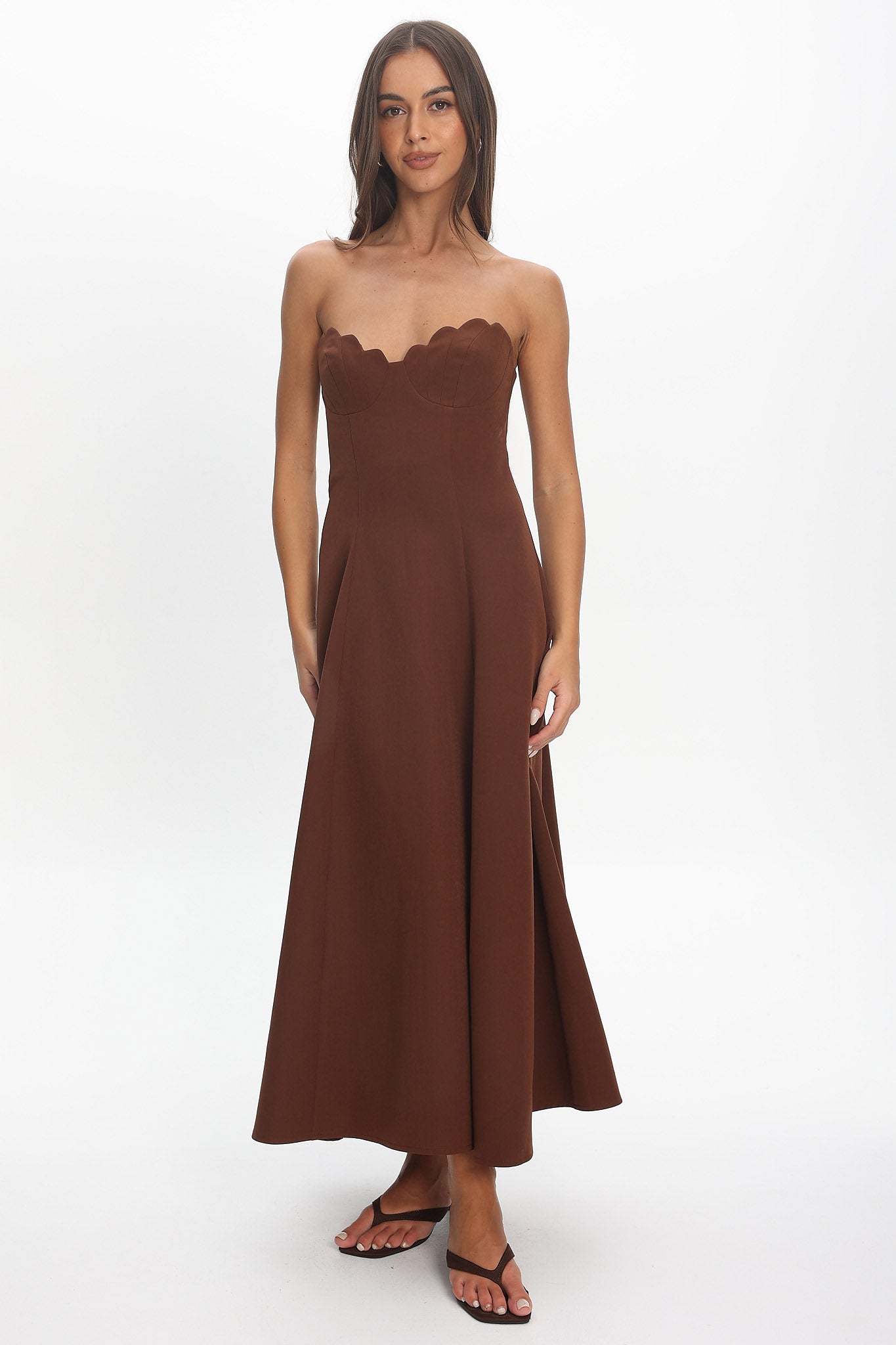 Infiniti Scalloped Sweethear Neckline Midi Dress Chocolate by Selfie Leslie Australia