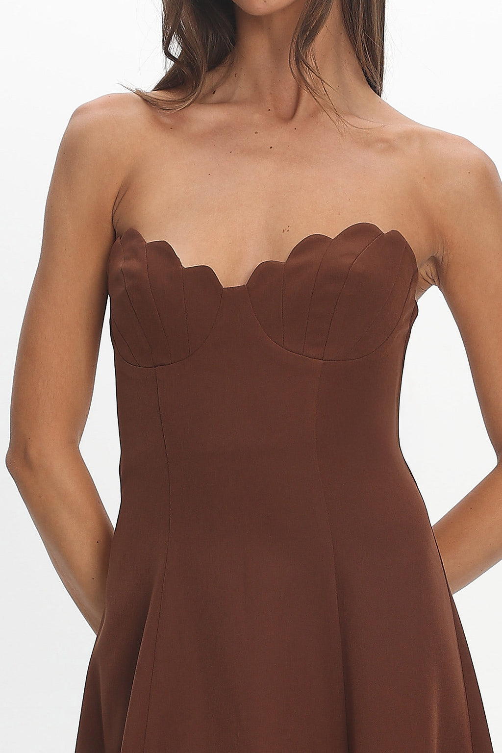 Infiniti Scalloped Sweethear Neckline Midi Dress Chocolate by Selfie Leslie Australia