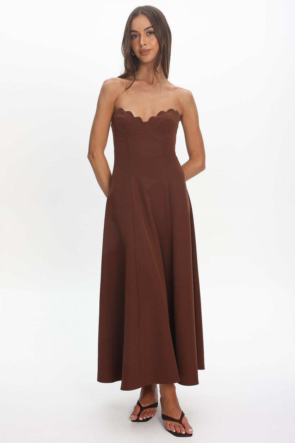 Infiniti Scalloped Sweethear Neckline Midi Dress Chocolate by Selfie Leslie Australia