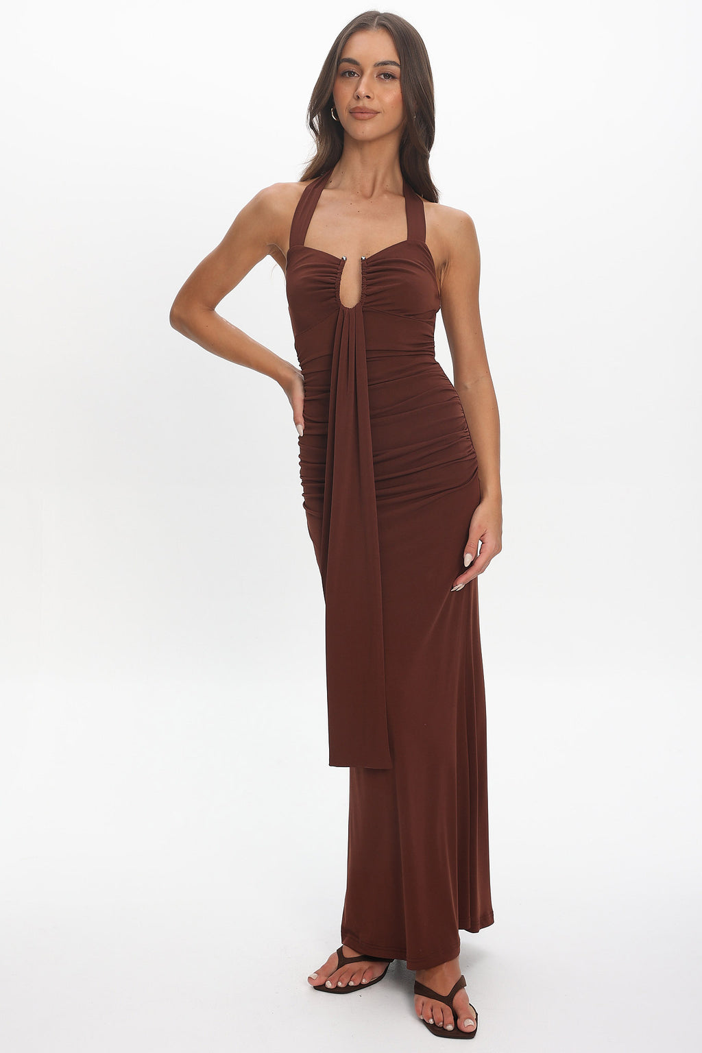 Opera Drape Bust Maxi Dress Chocolate by Selfie Leslie Australia