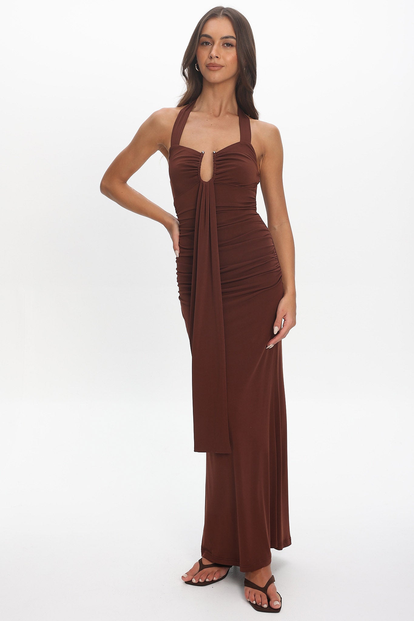 Opera Drape Bust Maxi Dress Chocolate by Selfie Leslie Australia