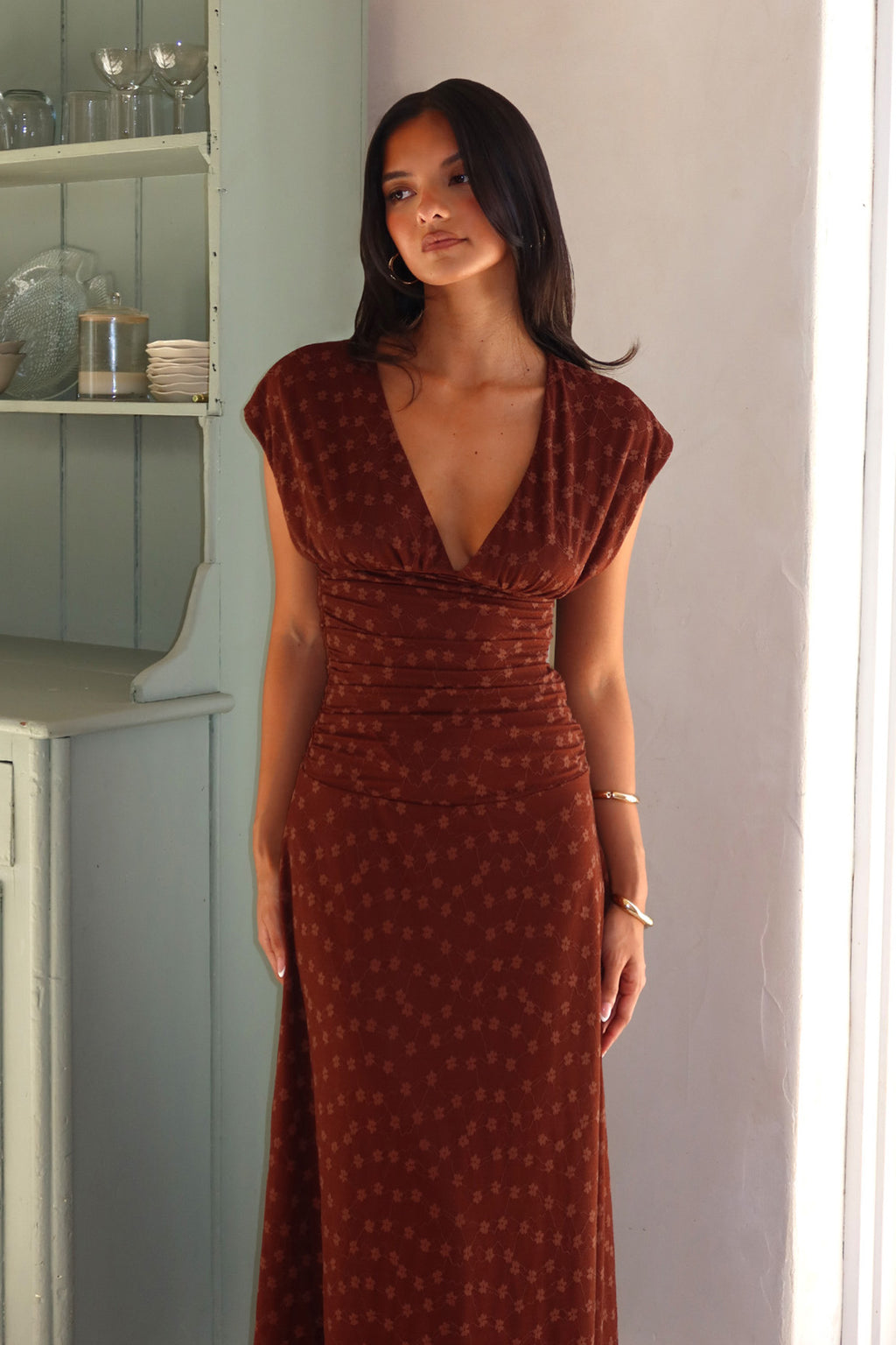 Novia Ruched Bodice Maxi Dress Embroidered Chocolate by Selfie Leslie Australia