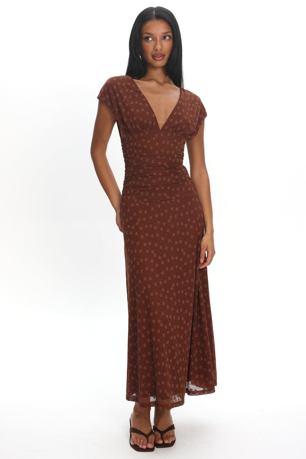 Novia Ruched Bodice Maxi Dress Embroidered Chocolate by Selfie Leslie Australia