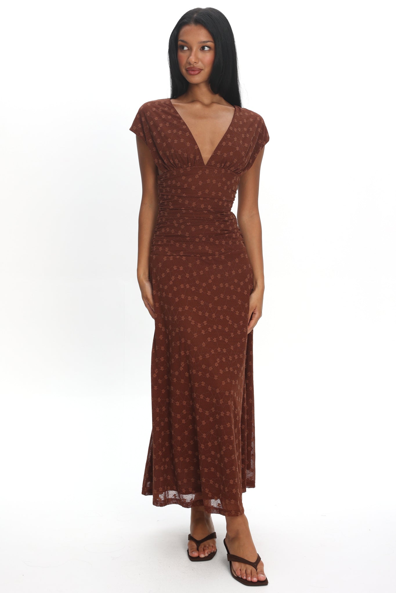 Novia Ruched Bodice Maxi Dress Embroidered Chocolate by Selfie Leslie Australia