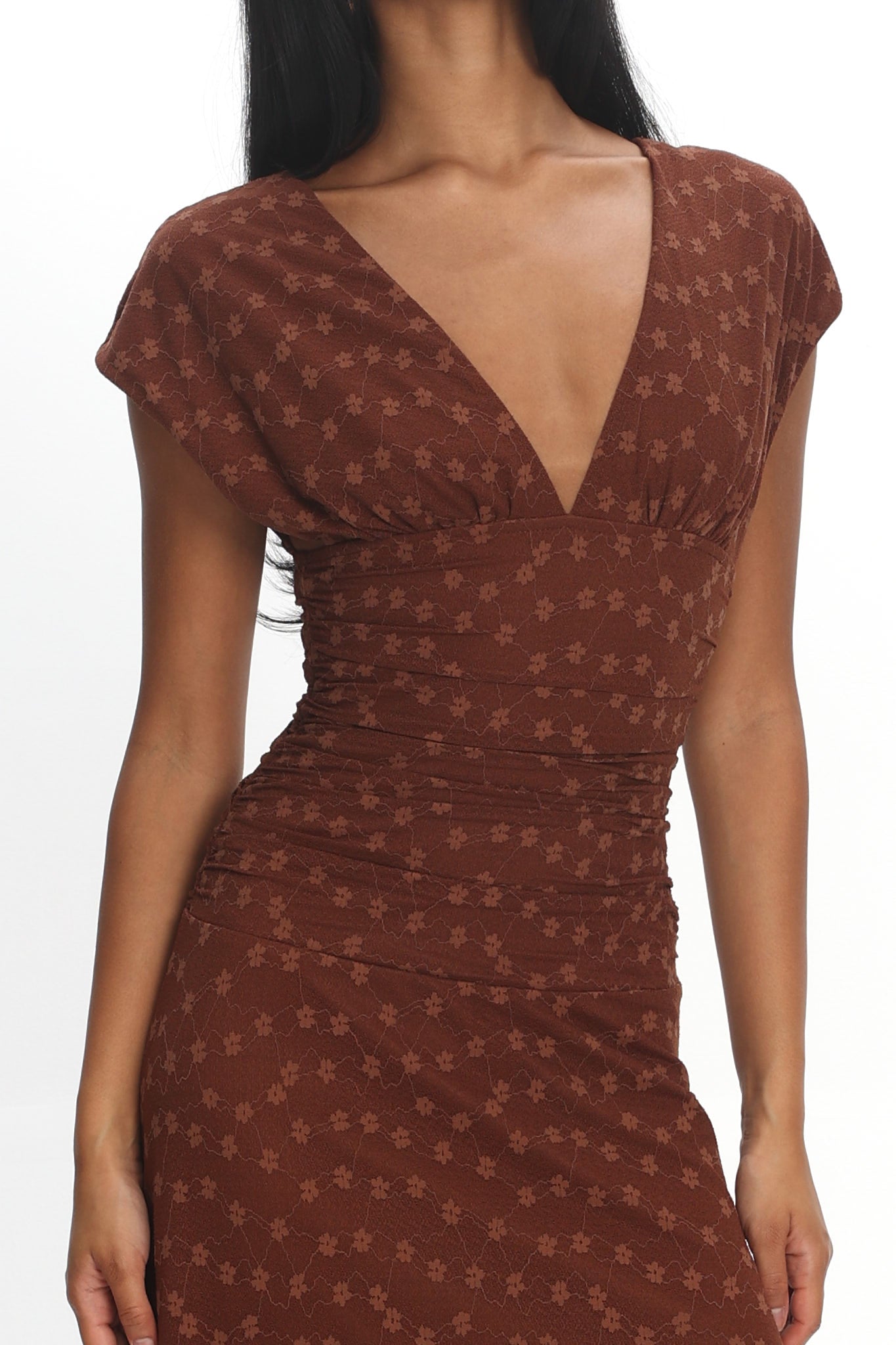 Novia Ruched Bodice Maxi Dress Embroidered Chocolate by Selfie Leslie Australia