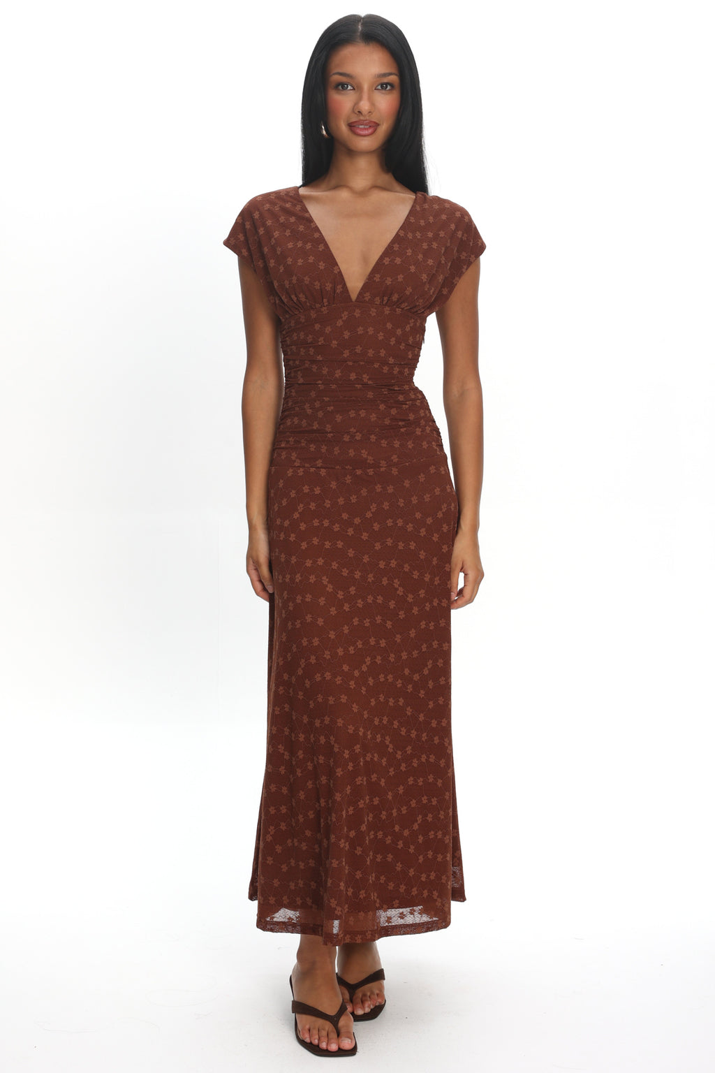 Novia Ruched Bodice Maxi Dress Embroidered Chocolate by Selfie Leslie Australia