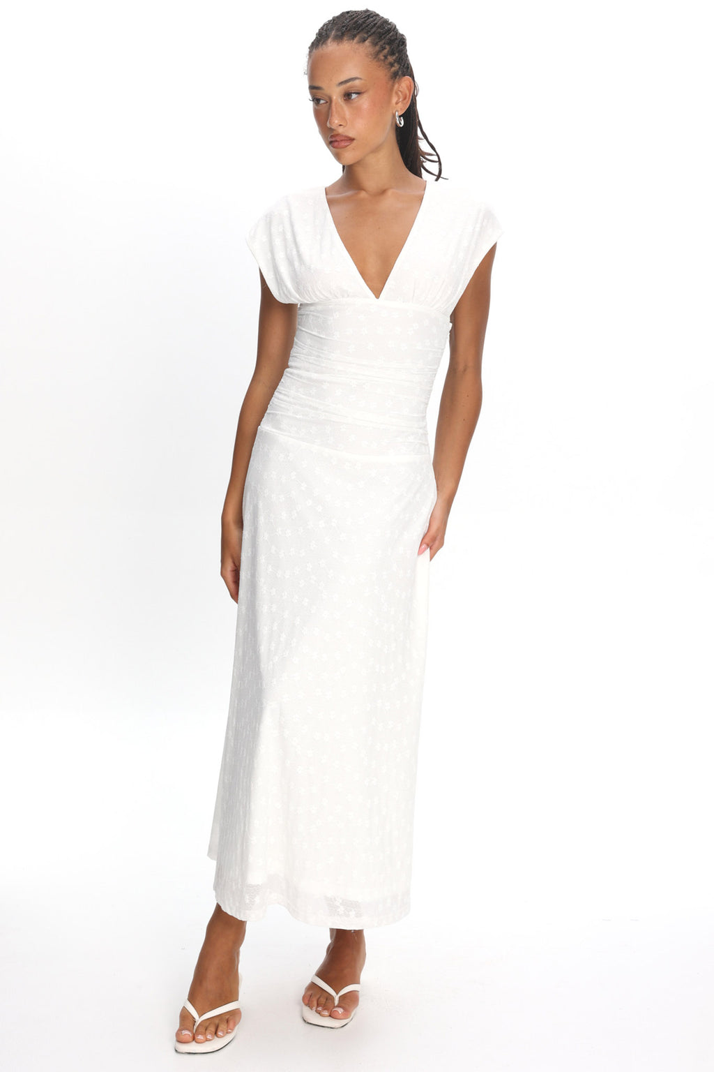 Novia Ruched Bodice Maxi Dress Embroidered Off White by Selfie Leslie Australia
