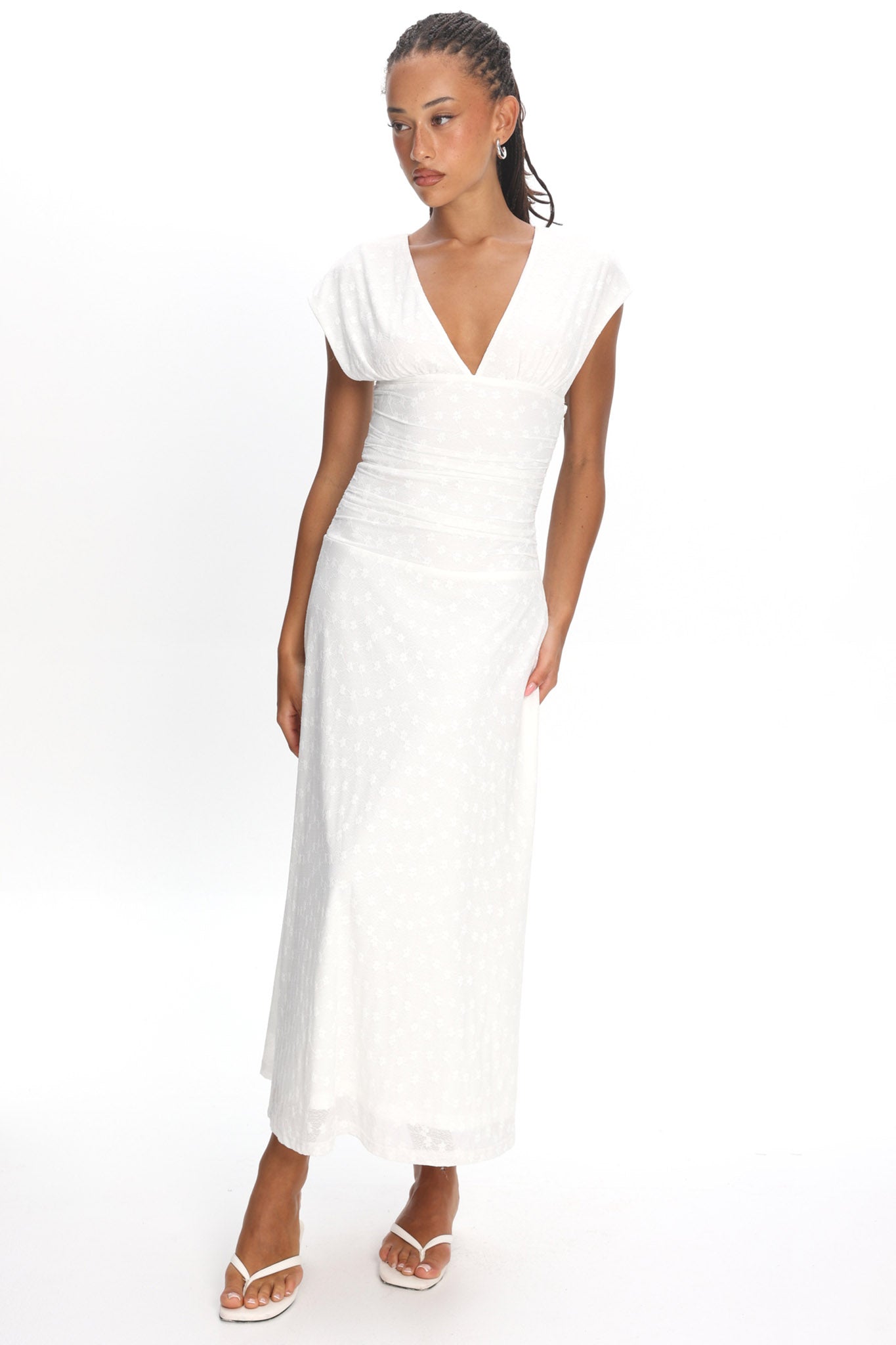 Novia Ruched Bodice Maxi Dress Embroidered Off White by Selfie Leslie Australia