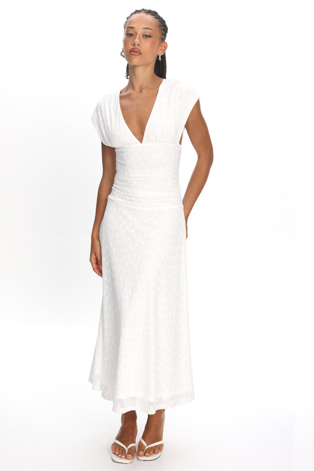 Novia Ruched Bodice Maxi Dress Embroidered Off White by Selfie Leslie Australia