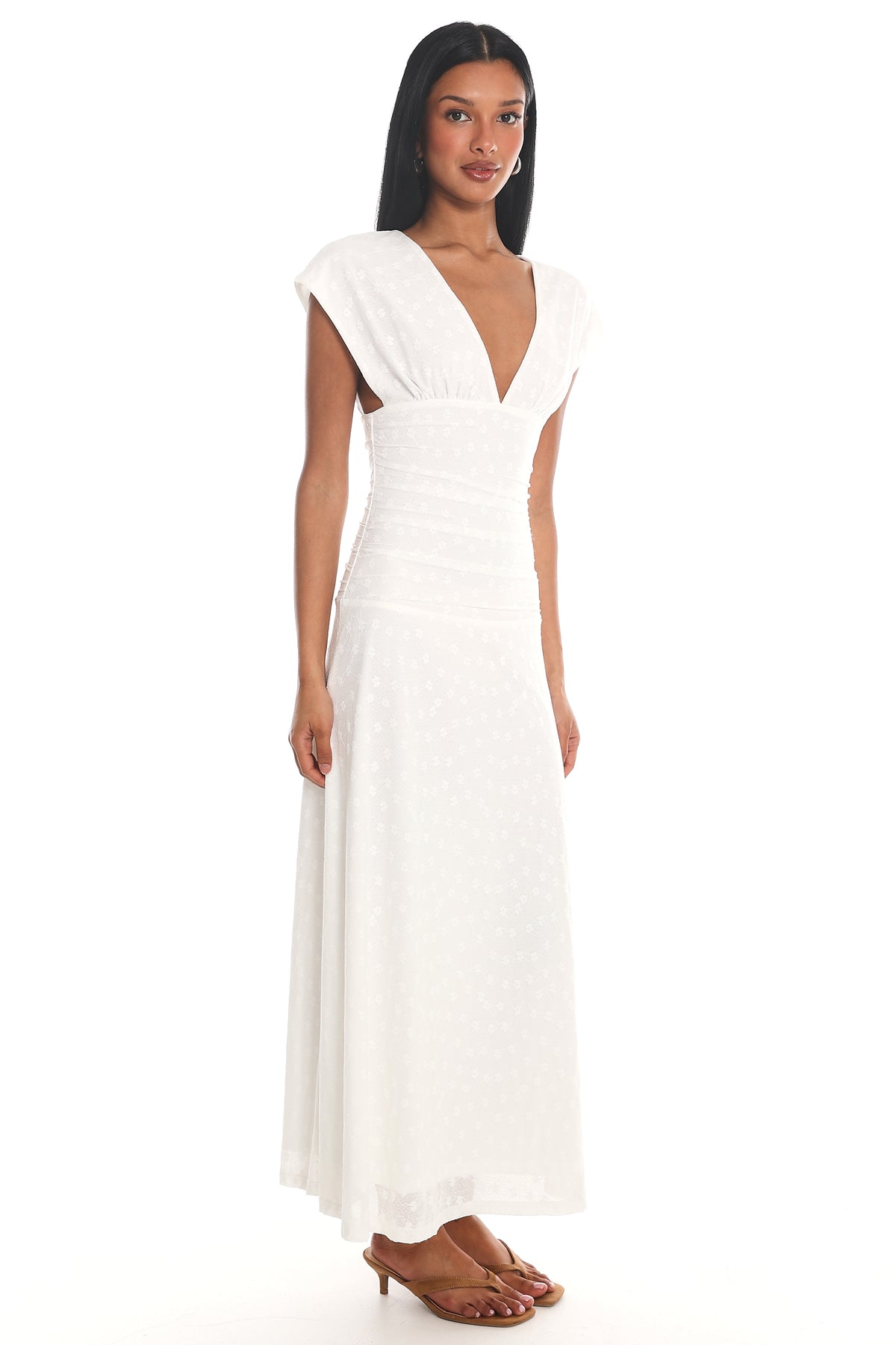 Novia Ruched Bodice Maxi Dress Embroidered Off White by Selfie Leslie Australia