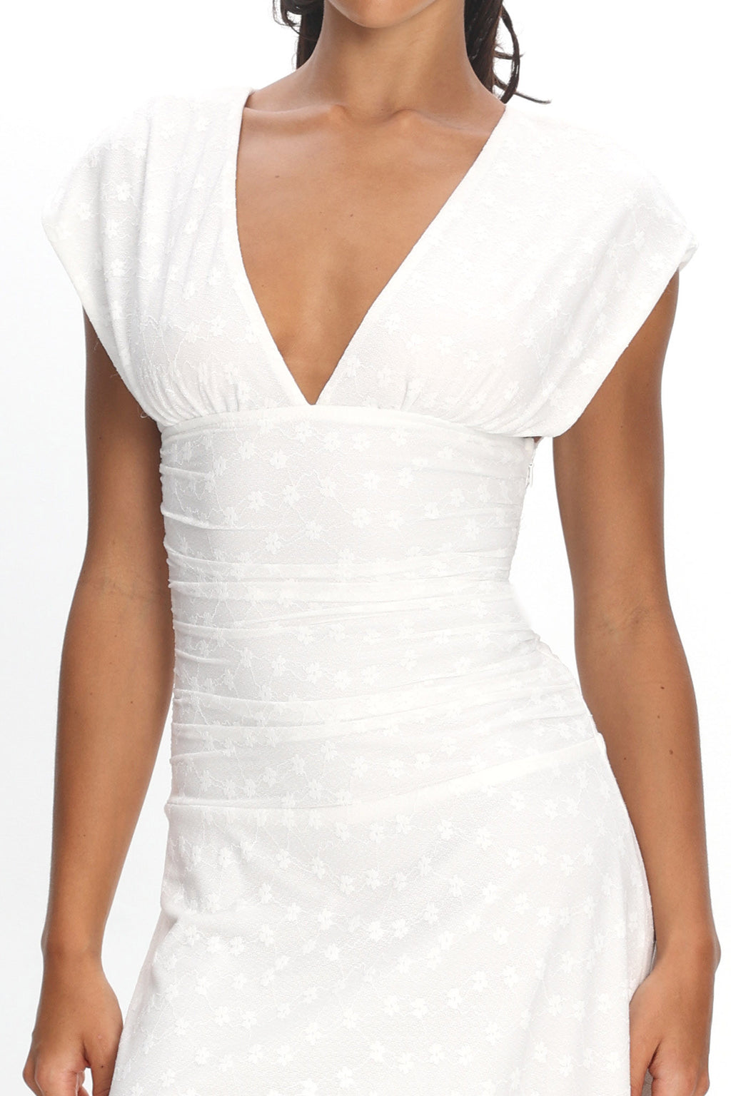 Novia Ruched Bodice Maxi Dress Embroidered Off White by Selfie Leslie Australia