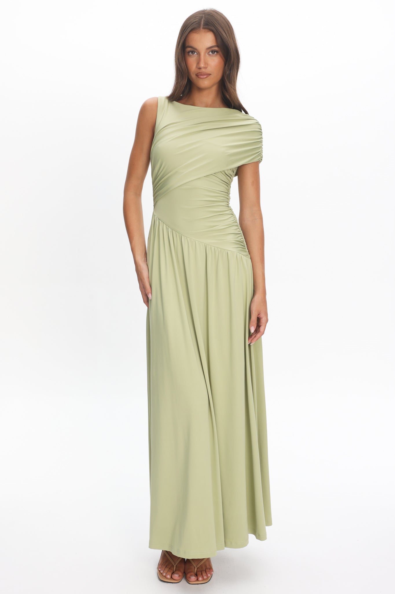 Adiel Ruched Asymmetric Waist Maxi Dress Olive by Selfie Leslie Australia