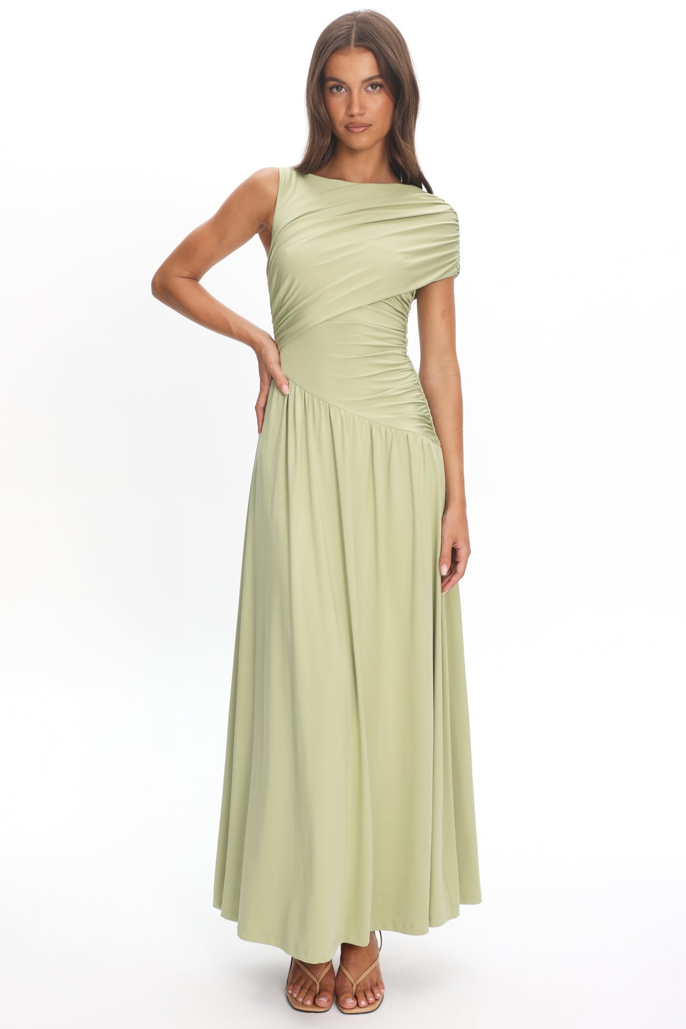 Adiel Ruched Asymmetric Waist Maxi Dress Olive by Selfie Leslie Australia