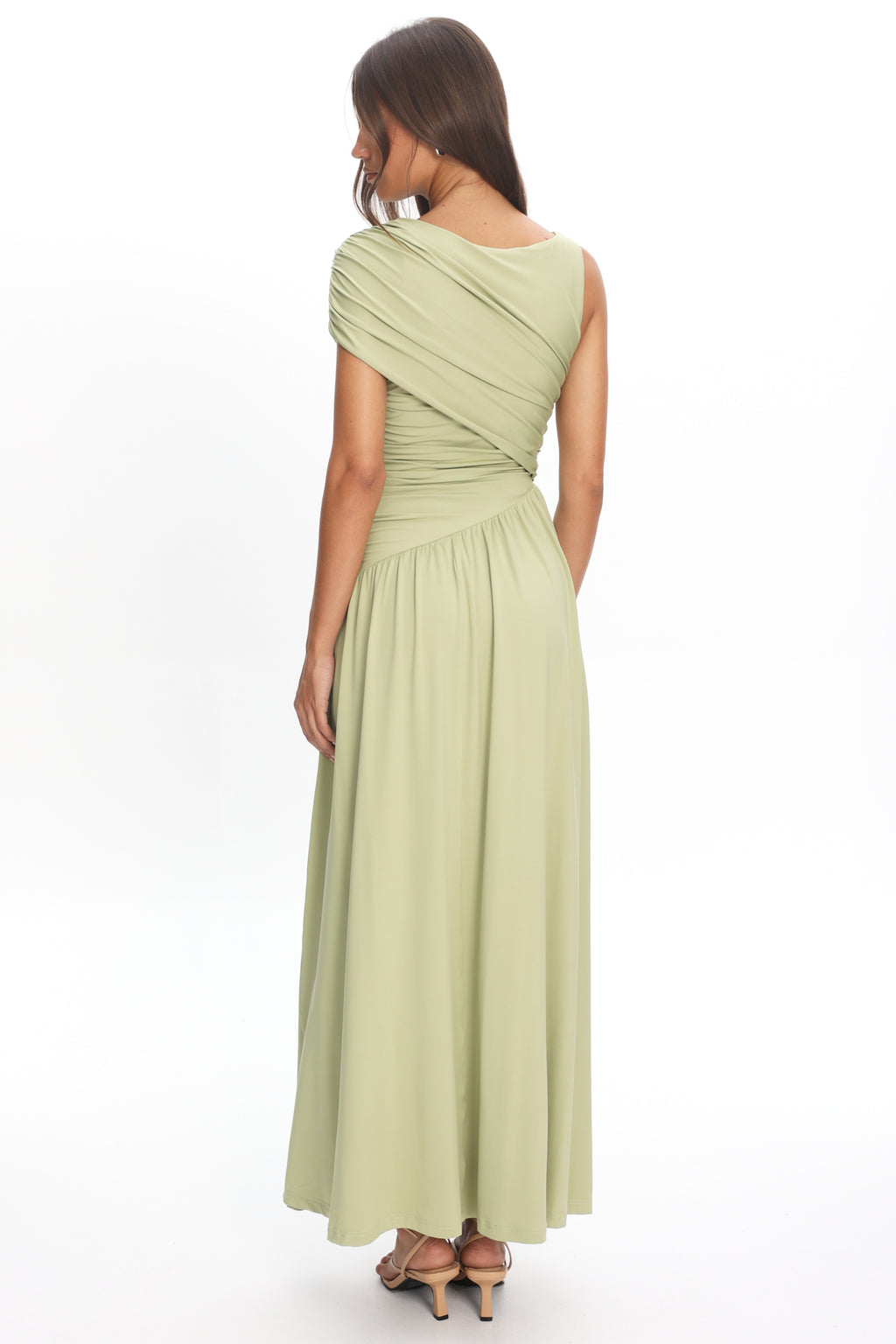 Adiel Ruched Asymmetric Waist Maxi Dress Olive by Selfie Leslie Australia