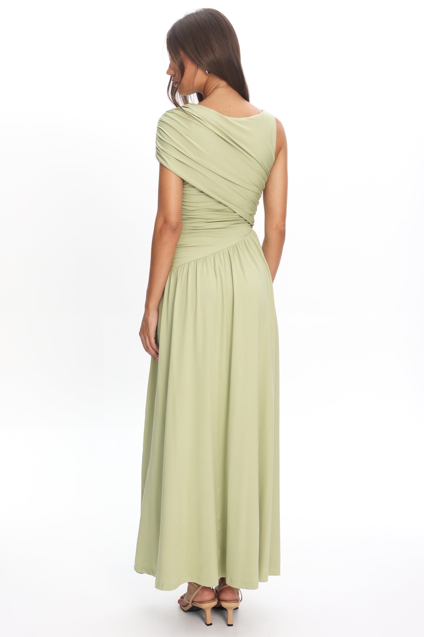 Adiel Ruched Asymmetric Waist Maxi Dress Olive by Selfie Leslie Australia