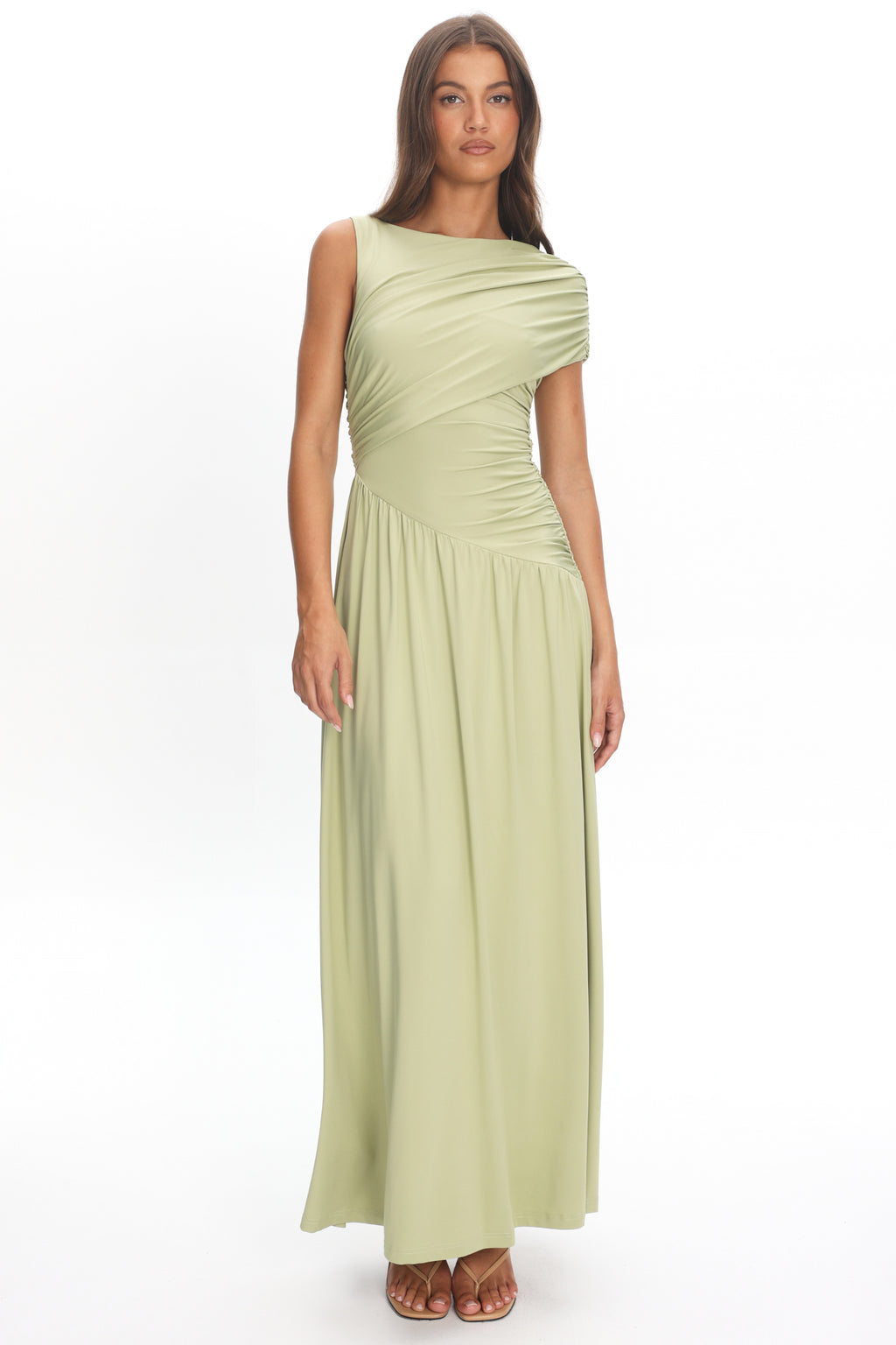 Adiel Ruched Asymmetric Waist Maxi Dress Olive by Selfie Leslie Australia