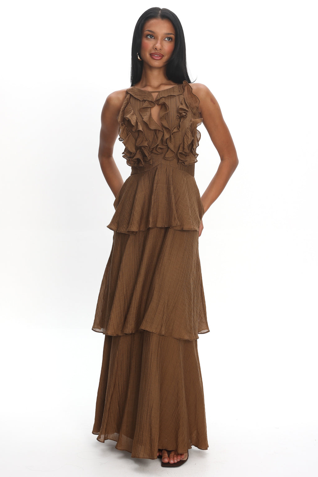Aurika Tiered Ruffle Maxi Dress Coffee