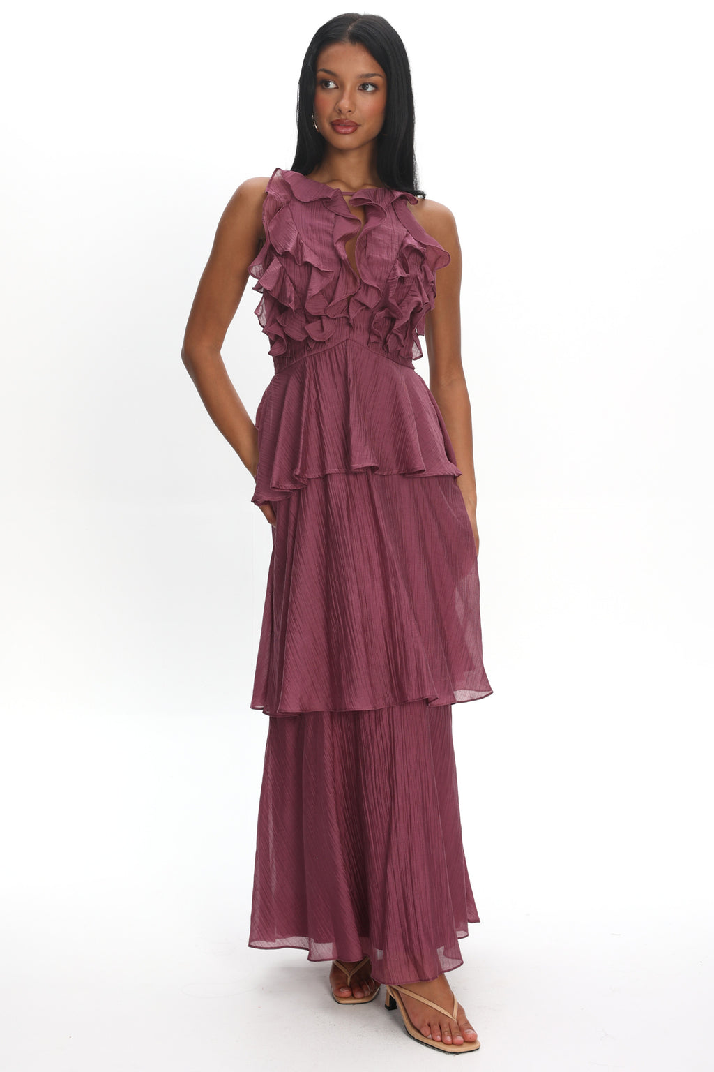 Aurika Tiered Ruffle Maxi Dress Grape by Selfie Leslie Australia