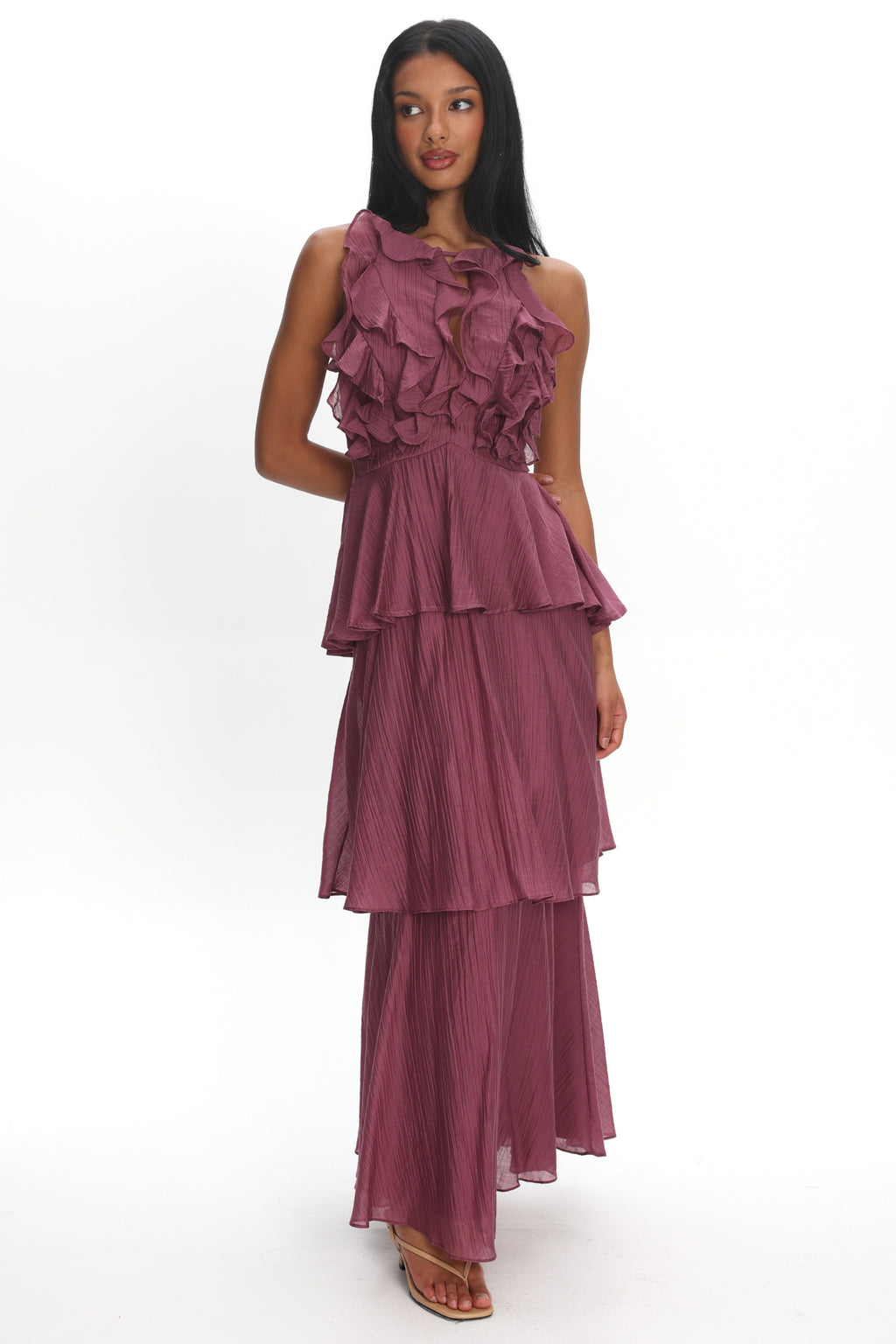 Aurika Tiered Ruffle Maxi Dress Grape by Selfie Leslie Australia