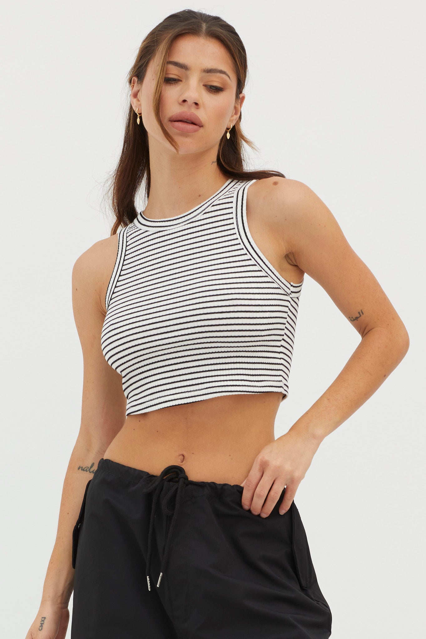 Seeker Ribbed Crop Top Striped White Base by Selfie Leslie Australia