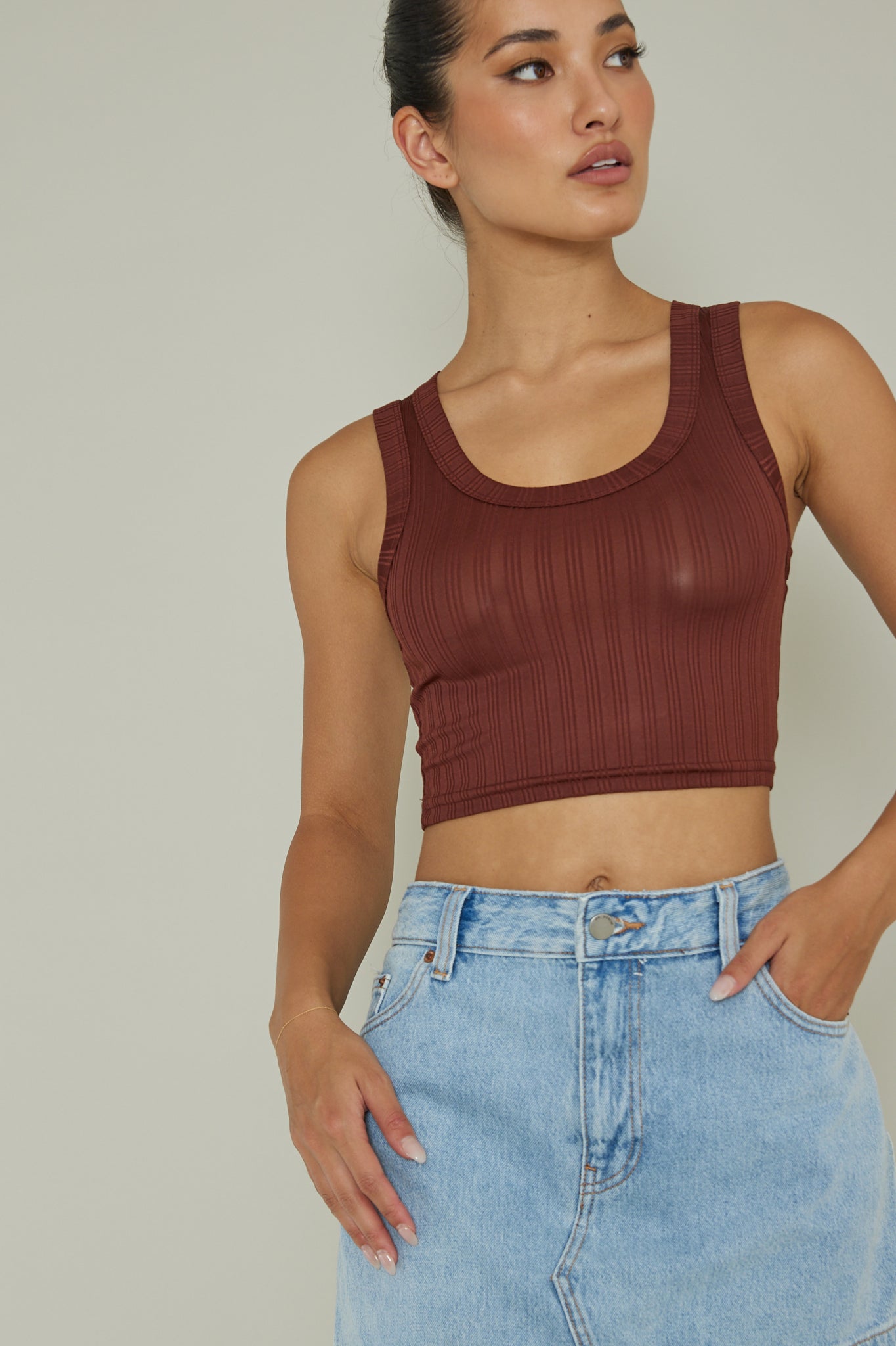 In Sync Scoop Neck Crop Top Chocolate by Selfie Leslie Australia