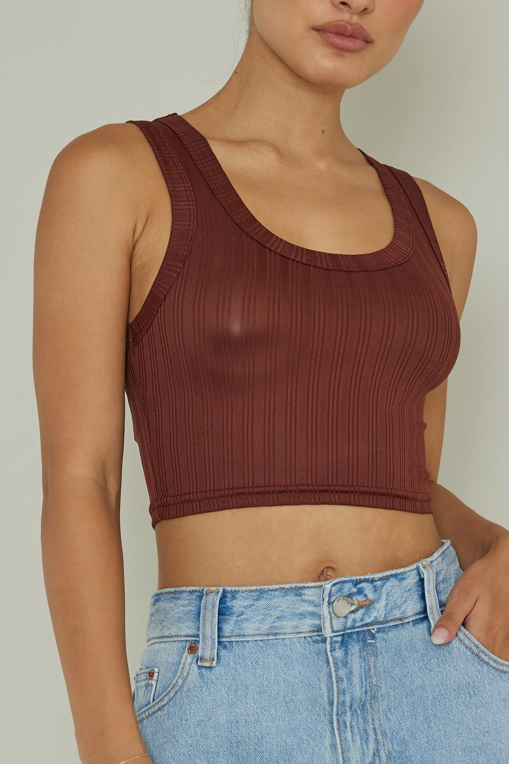 In Sync Scoop Neck Crop Top Chocolate by Selfie Leslie Australia