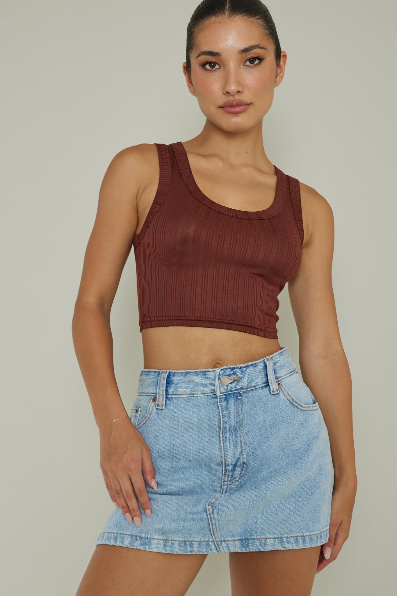 In Sync Scoop Neck Crop Top Chocolate by Selfie Leslie Australia