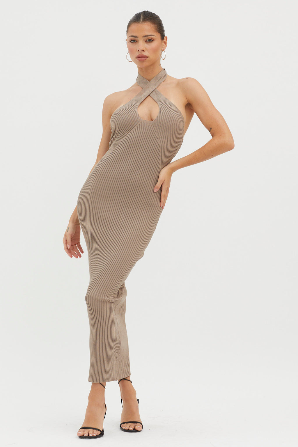 Lovelock Halterneck Ribbed Knit Midi Dress Latte by Selfie Leslie Australia
