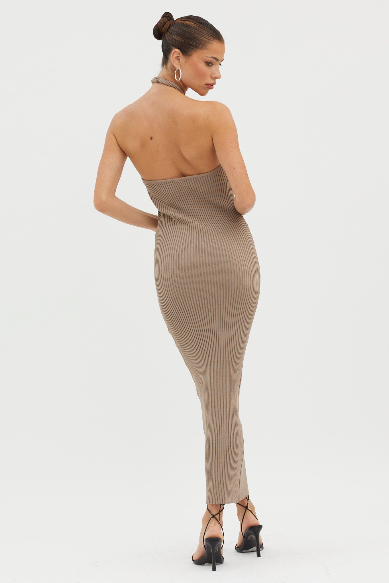 Lovelock Halterneck Ribbed Knit Midi Dress Latte by Selfie Leslie Australia