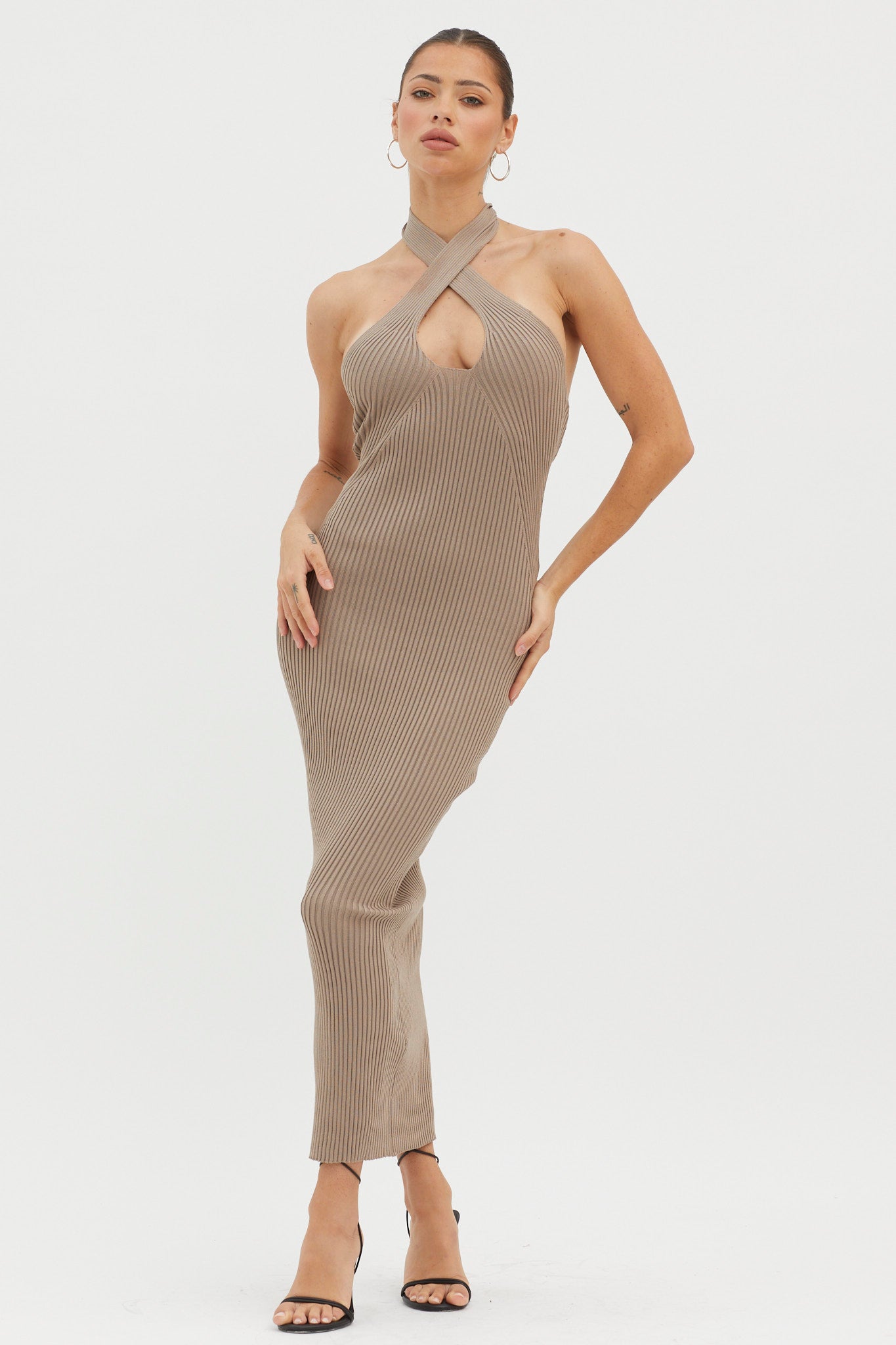 Lovelock Halterneck Ribbed Knit Midi Dress Latte by Selfie Leslie Australia