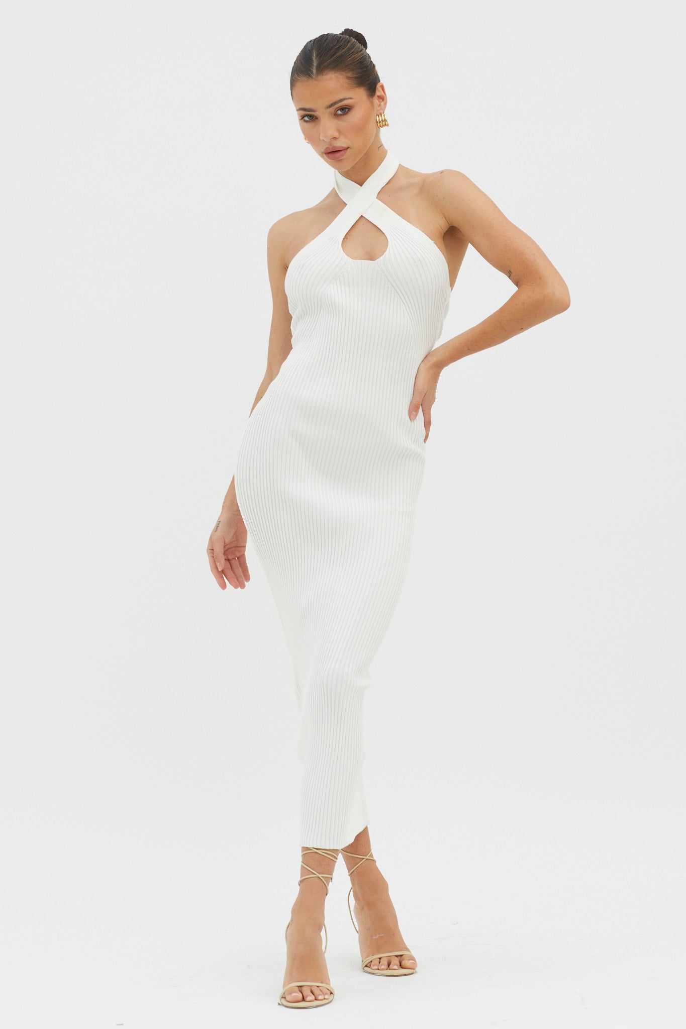 Lovelock Halterneck Ribbed Knit Midi Dress White by Selfie Leslie Australia