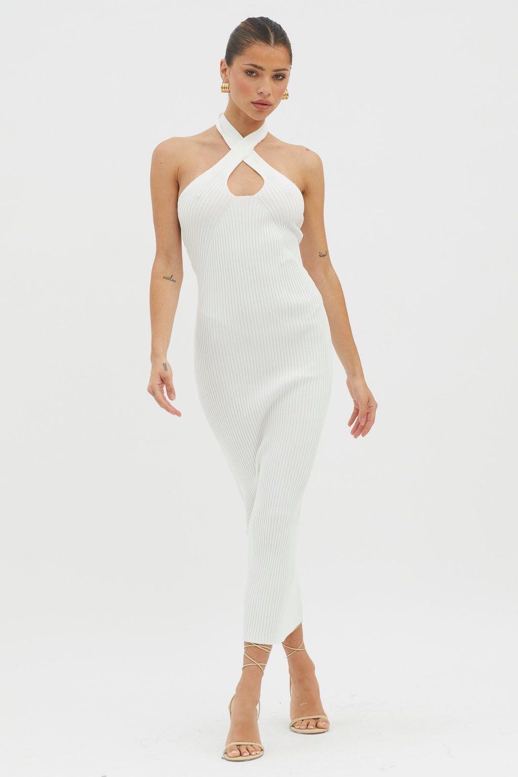 Lovelock Halterneck Ribbed Knit Midi Dress White by Selfie Leslie Australia