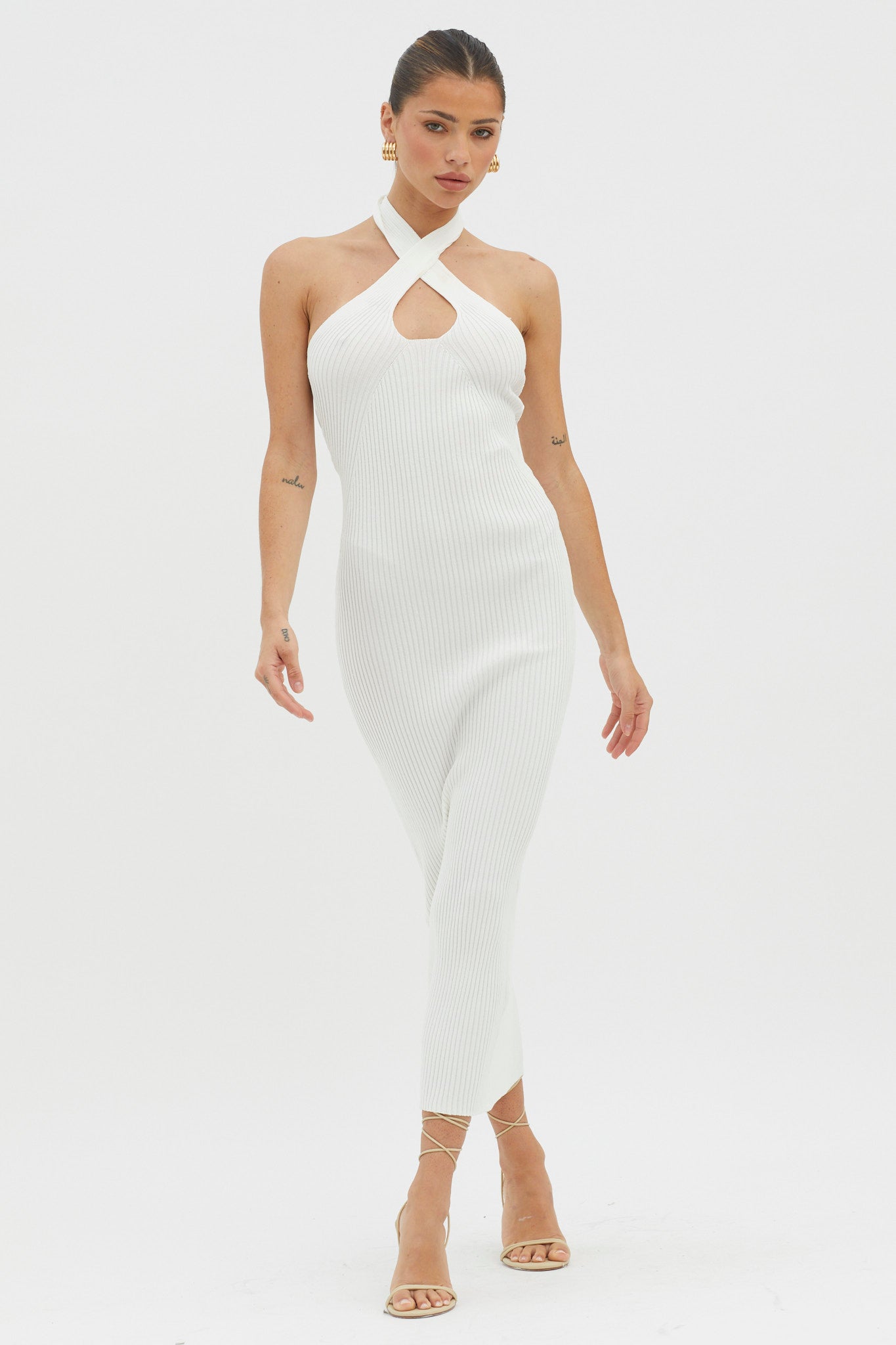 Lovelock Halterneck Ribbed Knit Midi Dress White by Selfie Leslie Australia