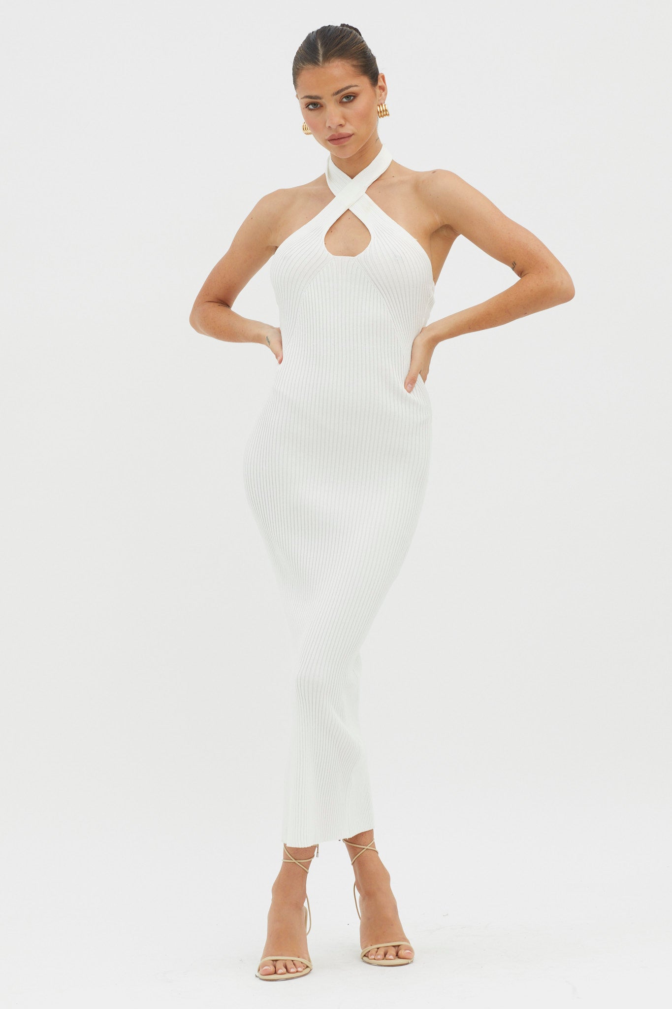 Lovelock Halterneck Ribbed Knit Midi Dress White by Selfie Leslie Australia