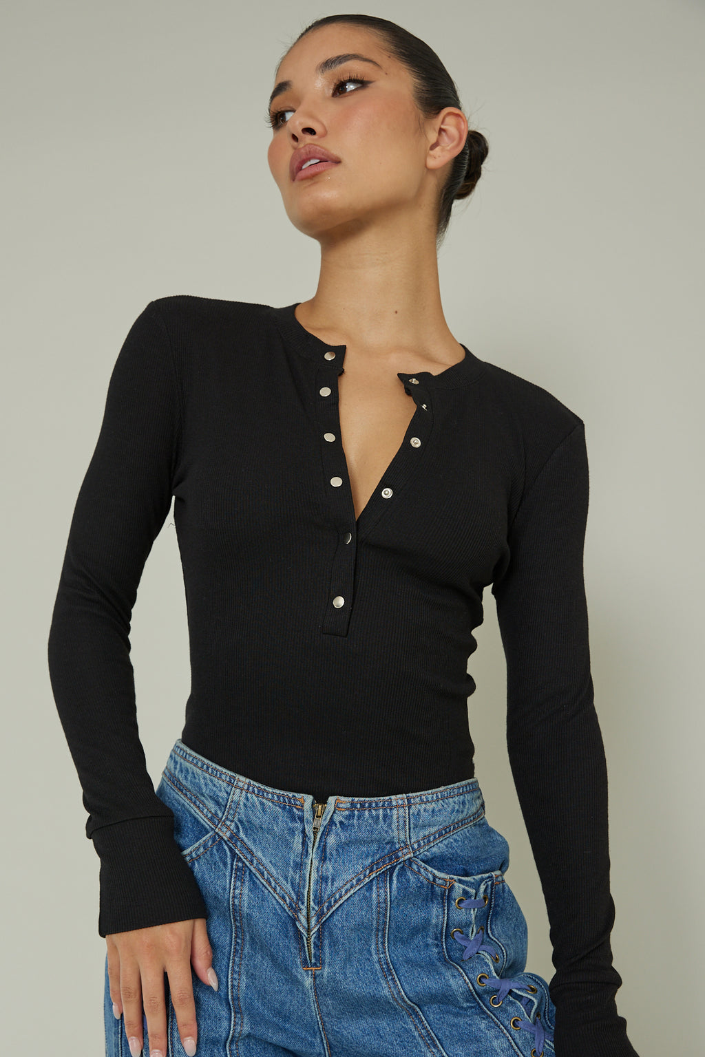 Henley Snap Front Bodysuit Black by Selfie Leslie Australia