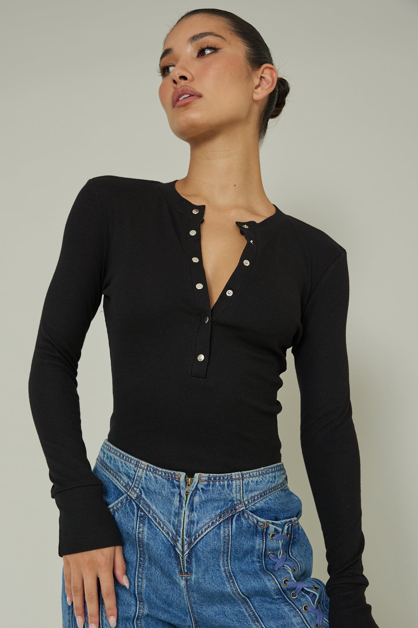 Henley Snap Front Bodysuit Black by Selfie Leslie Australia