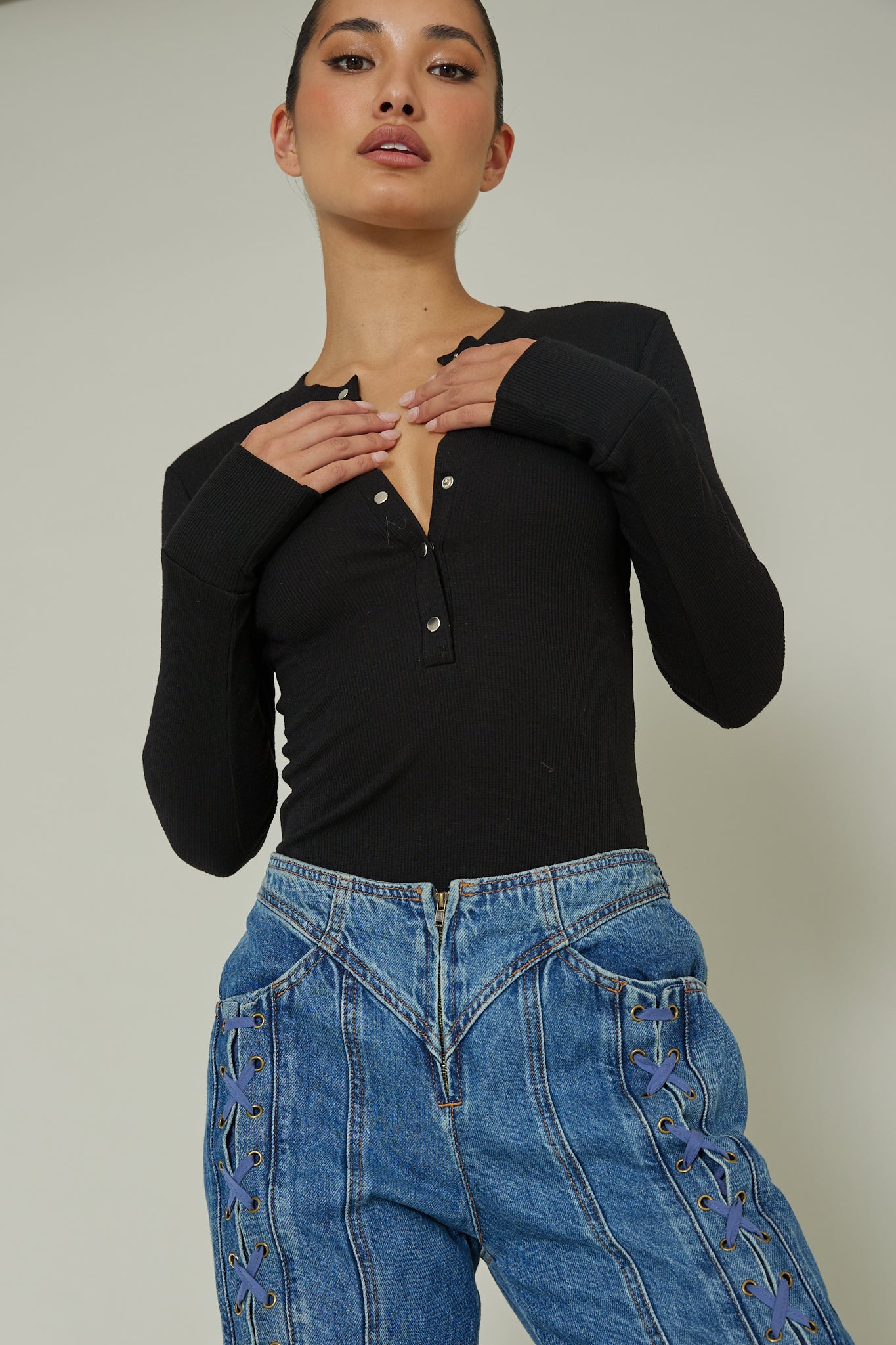 Henley Snap Front Bodysuit Black by Selfie Leslie Australia